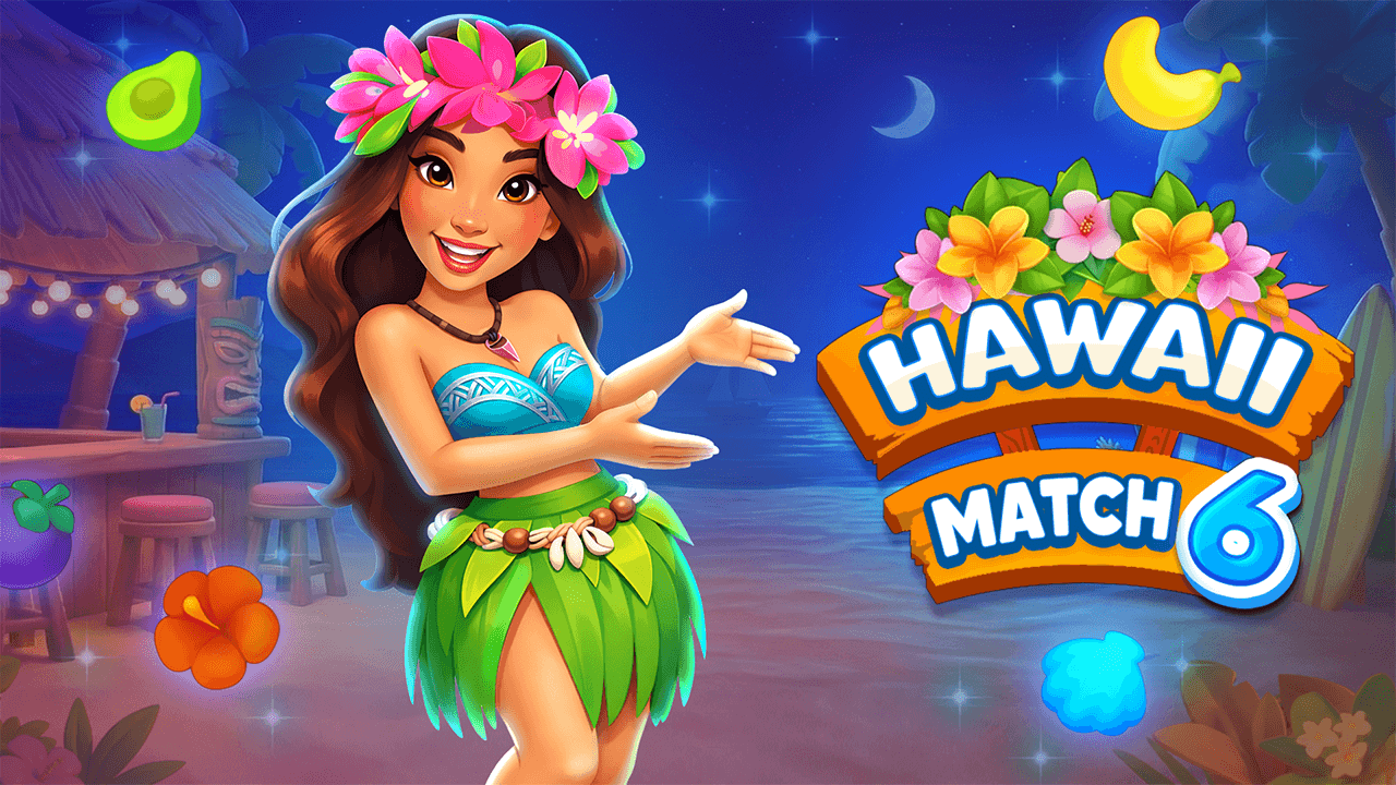Hawaii Match 6 - jogo de combinar frutas, flores e tesouros tropicais
